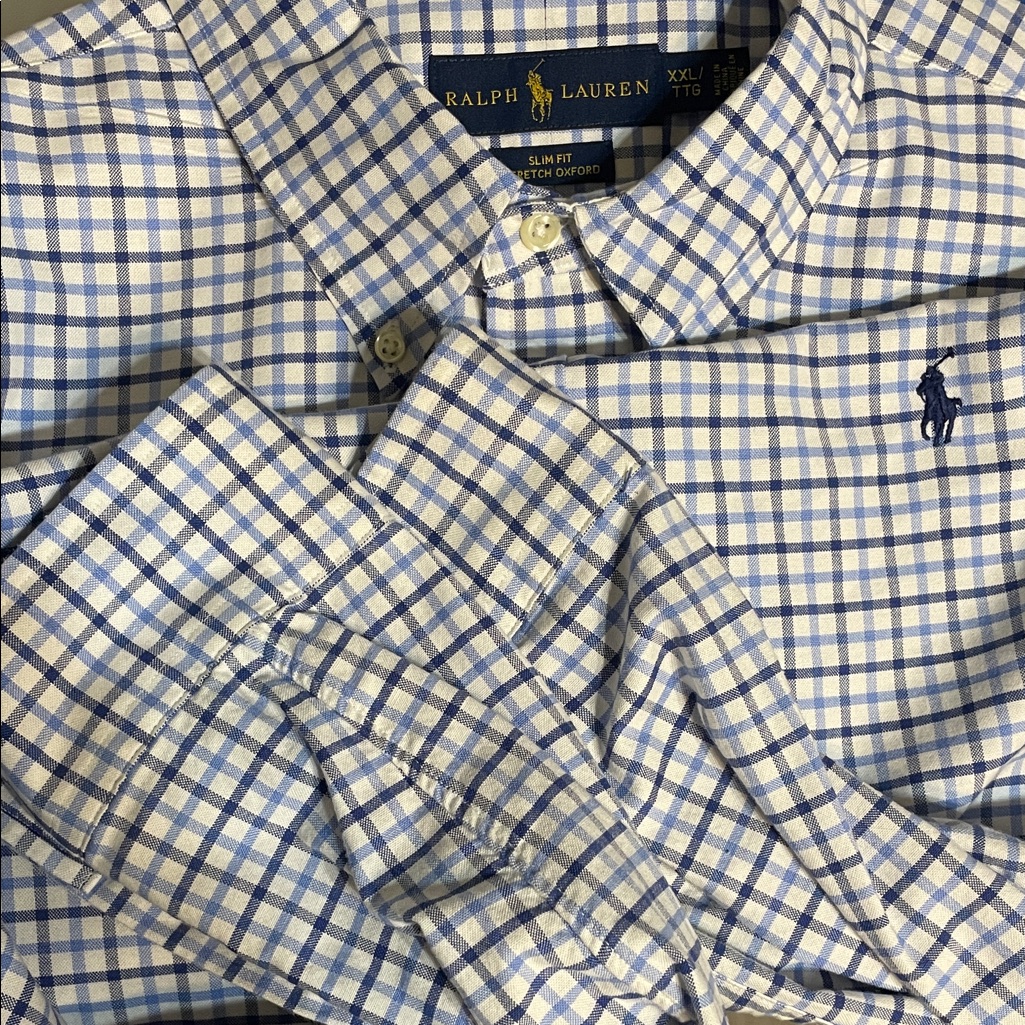 Men's Ralph Lauren Stretch Oxford Long Sleeve Shirt Blue & White Plaid Check Xxl